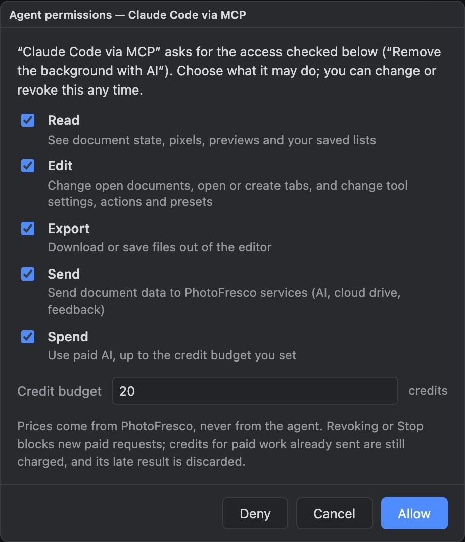 The Agent permissions dialog for a request with all five permissions checked and a credit budget of 20 credits