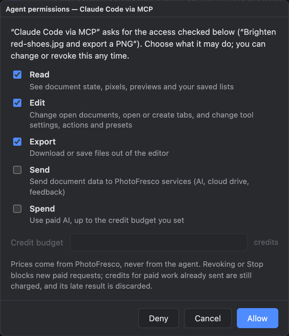 The Agent permissions dialog with Read, Edit and Export checked and Send and Spend unchecked