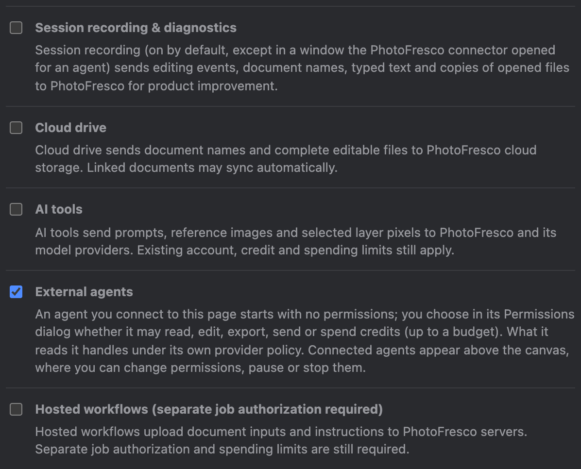Data & privacy in a window opened by the connector: Session recording & diagnostics, Cloud drive, AI tools and Hosted workflows unchecked, External agents checked