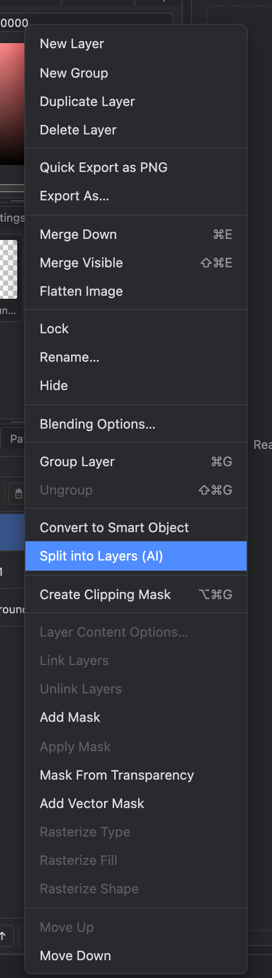 The Layers context menu with Split into Layers (AI) beside Convert to Smart Object