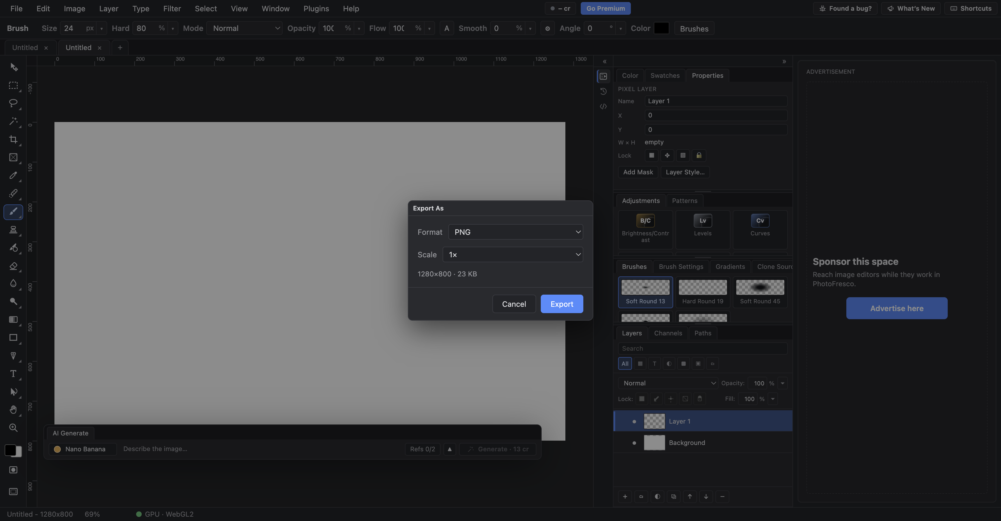 The Export As dialog, with PNG, JPEG and WebP format choices and scaling controls