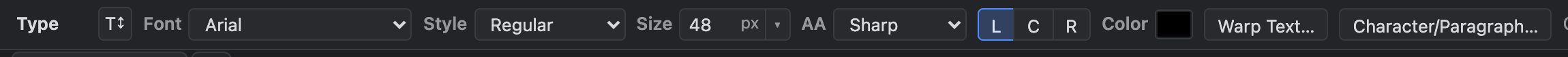 The Type tool options bar: orientation, font family, style, size, anti-aliasing and alignment