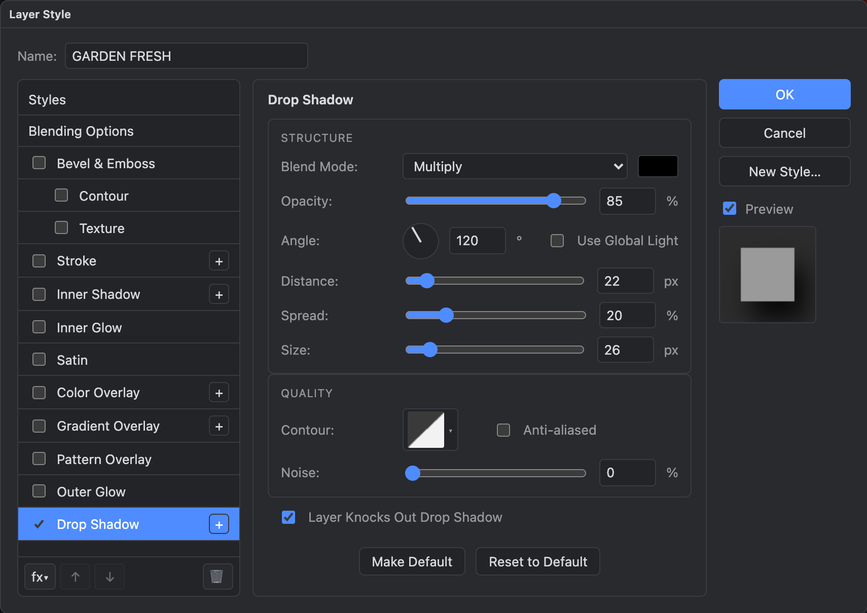 The Layer Style dialog on the Drop Shadow page, with the settings used for the image above