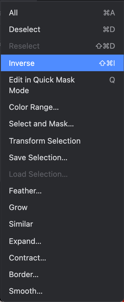 The Select menu with Inverse highlighted
