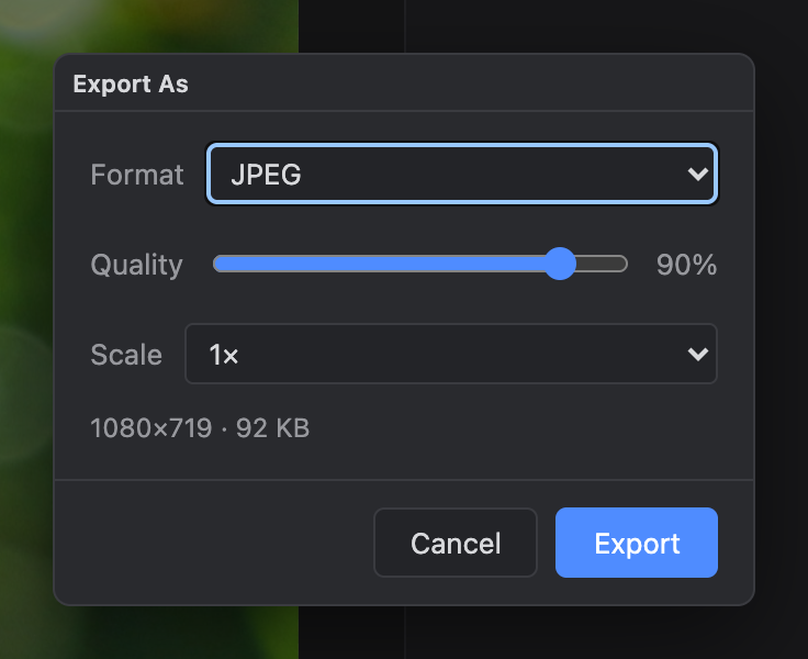 The Export As dialog set to JPEG at 90% quality, showing the output dimensions and estimated file size