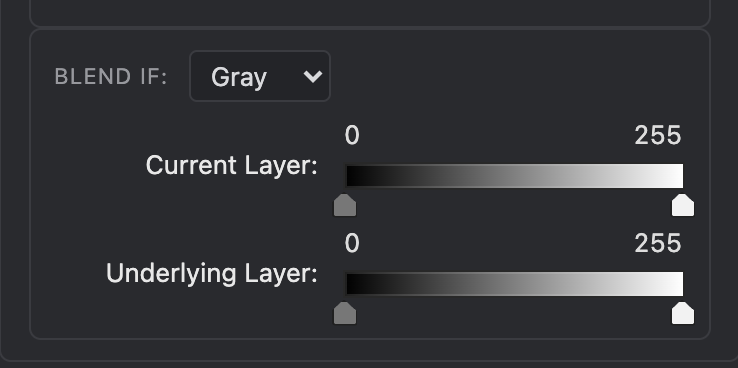 The Blend If sliders: channel selector plus Current Layer and Underlying Layer ranges