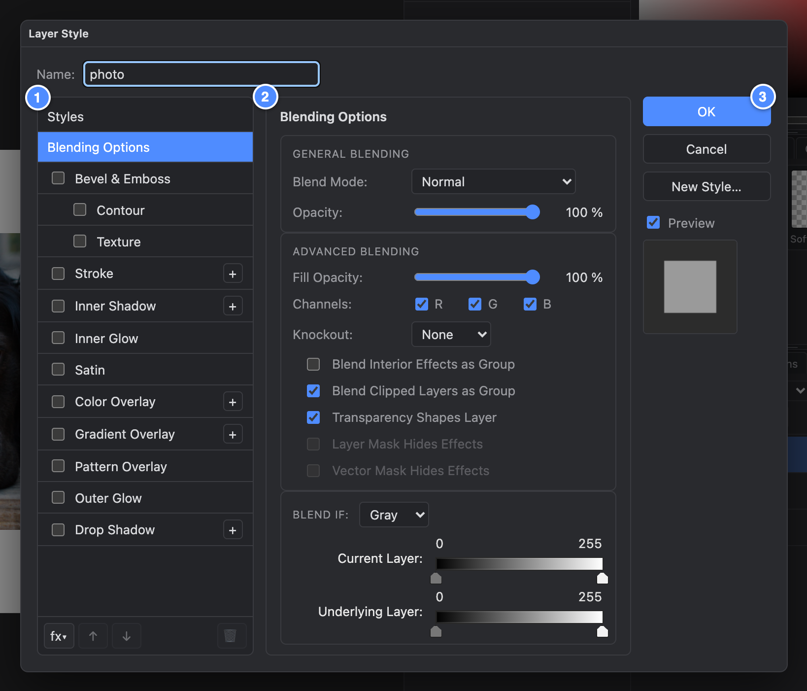 The Layer Style dialog with its three areas numbered