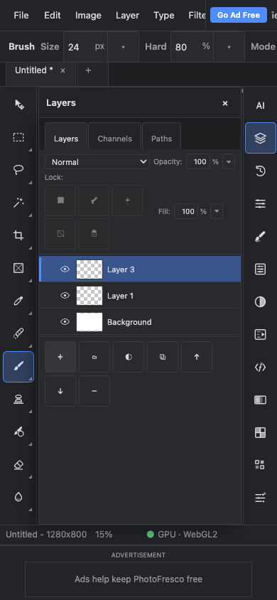 The Layers panel opened from PhotoFresco's mobile panel strip