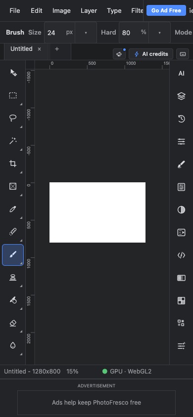PhotoFresco's mobile workspace with tools on the left, panel buttons on the right and an ad strip below the canvas