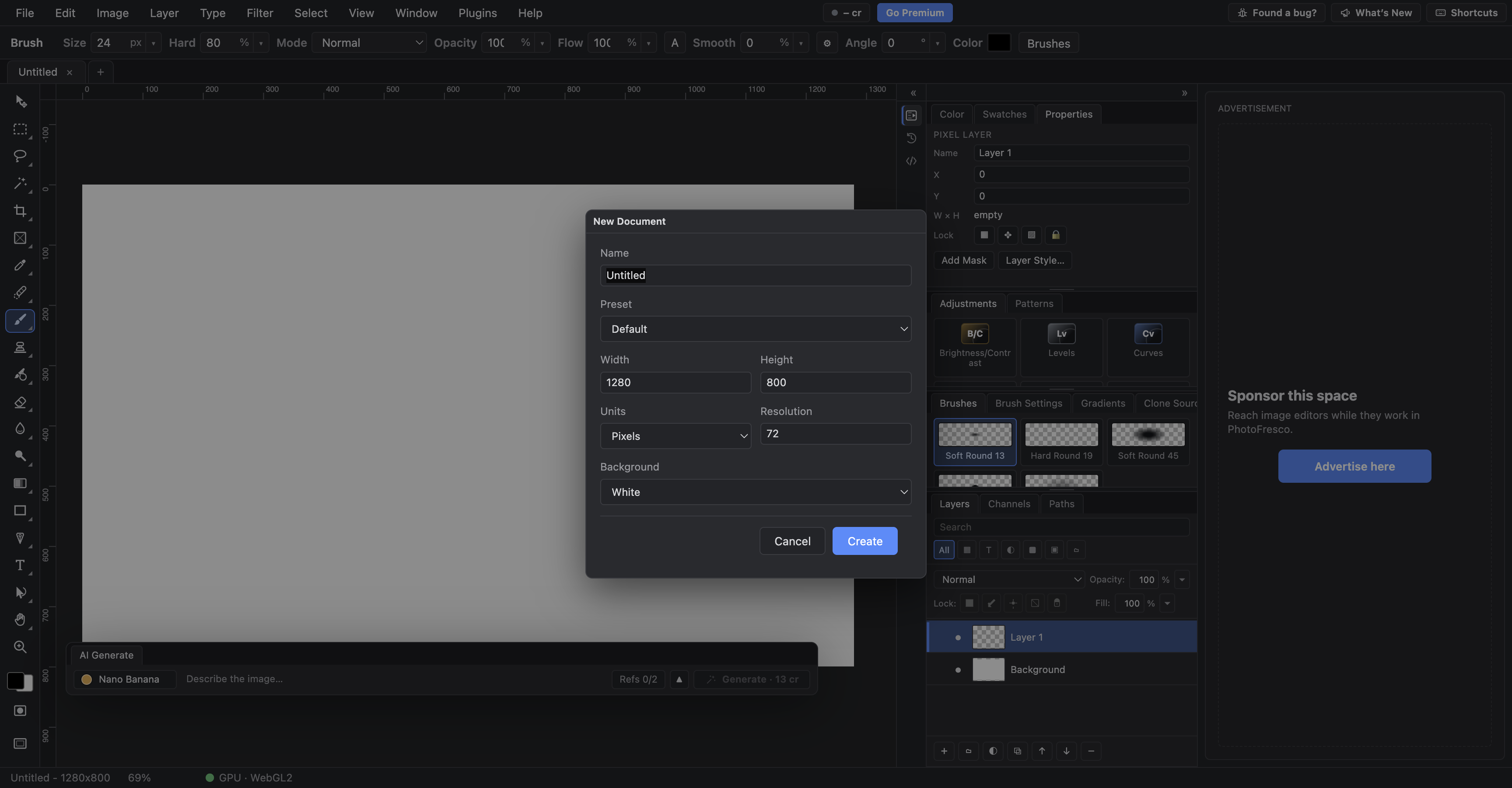 The New Document dialog over the PhotoFresco workspace, showing the toolbar, canvas, options bar and right-side panels