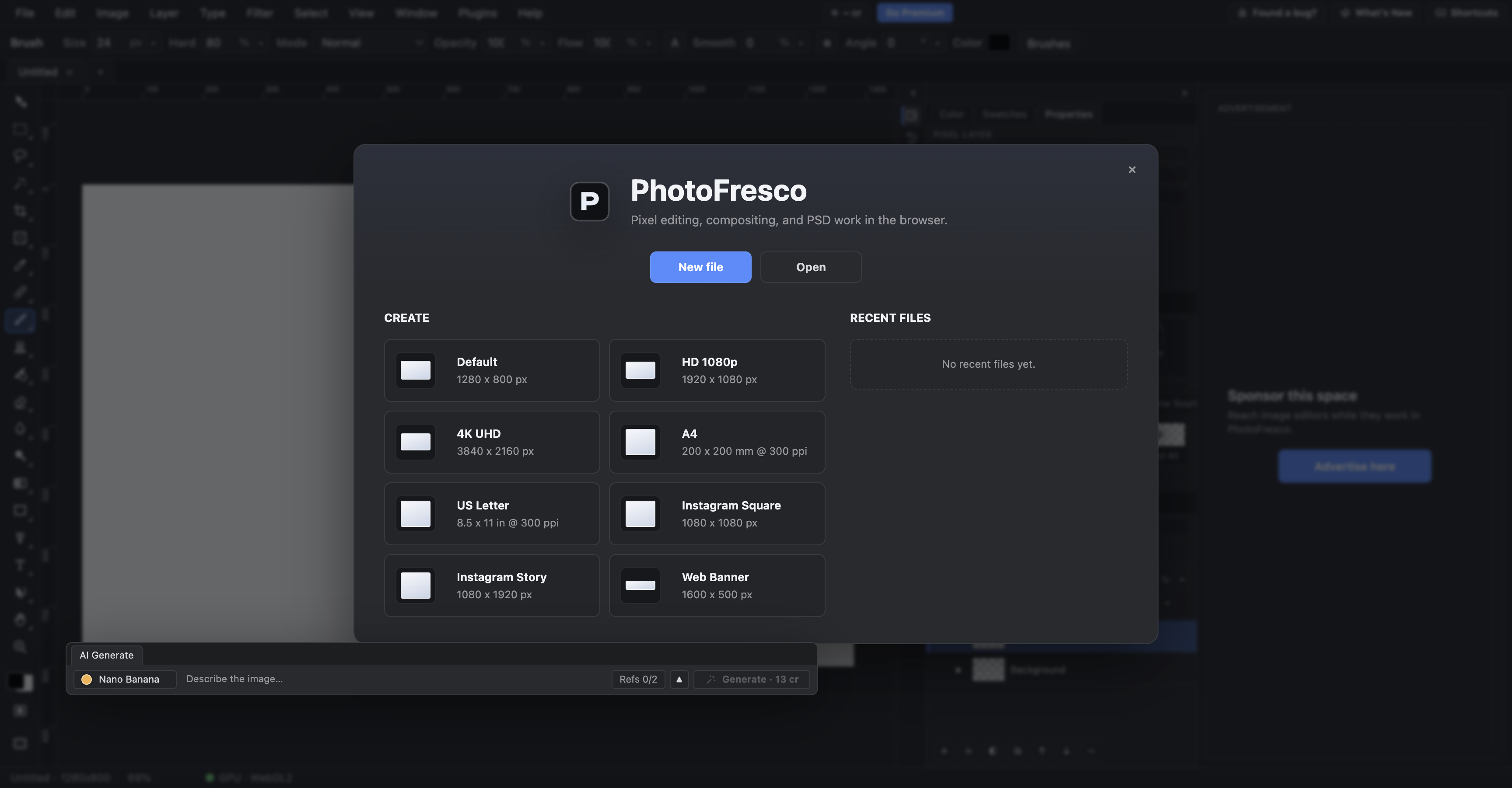 PhotoFresco's start screen, with New file, Open, presets and recent files