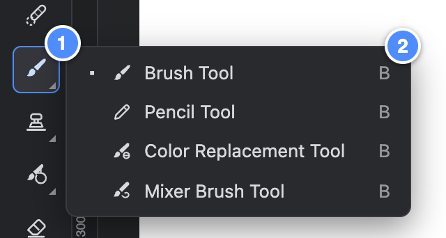 The Brush tool group button with its fly-out open, numbered