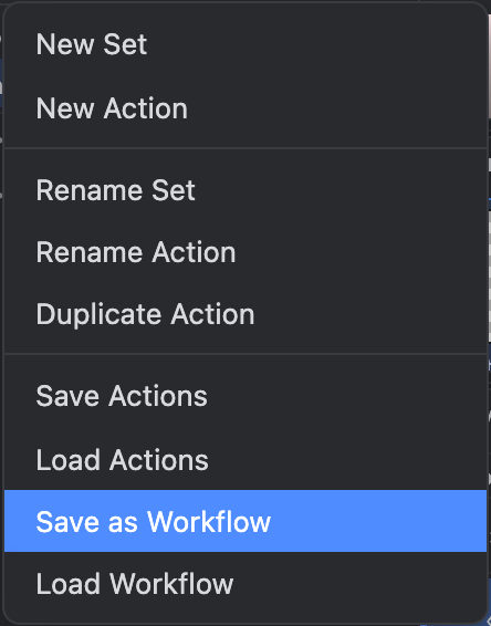 The Actions panel menu with Save as Workflow highlighted below Save Actions and Load Actions