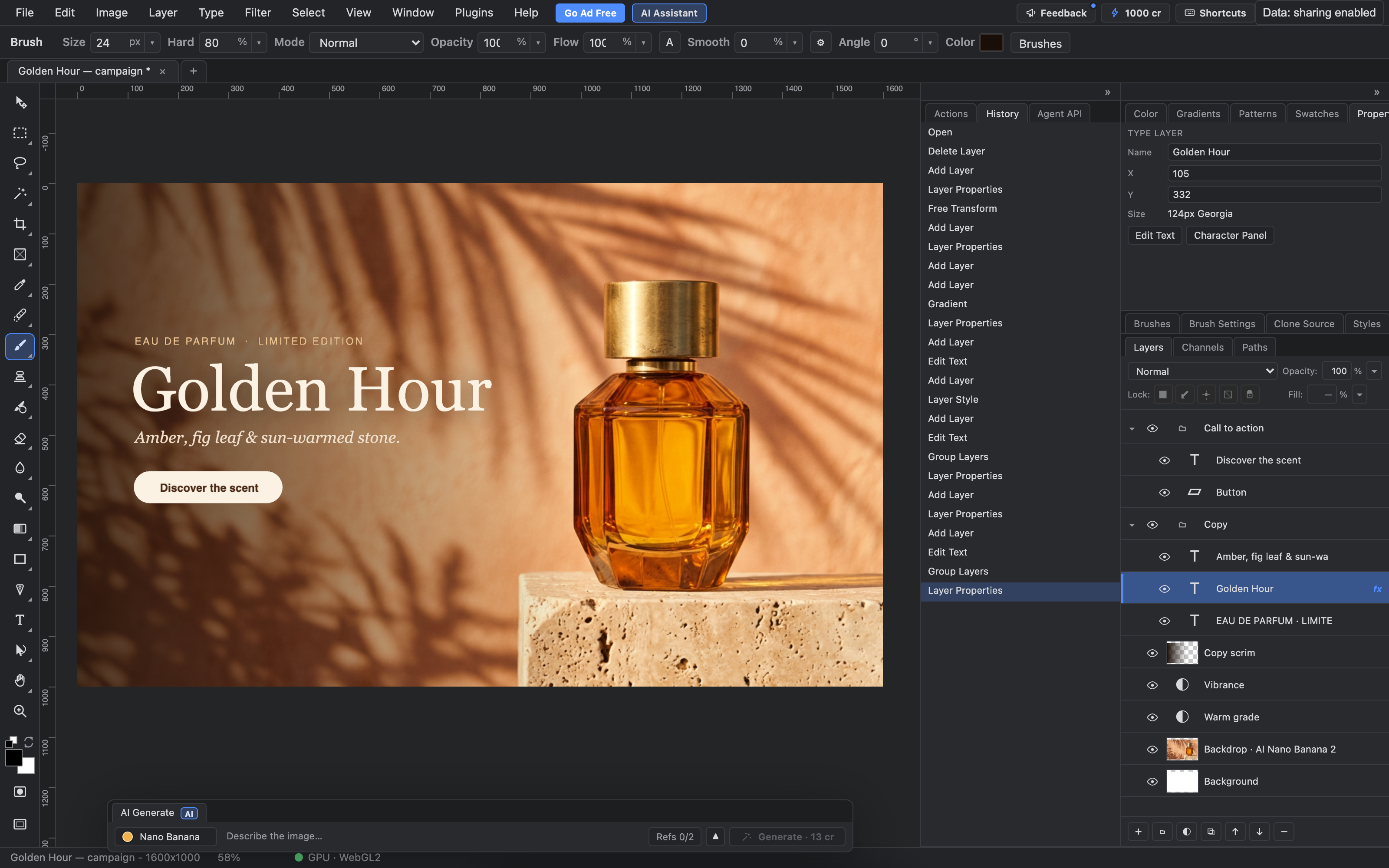 A perfume ad built step by step through PhotoFresco's agent operations: AI backdrop, adjustments, text layers with a layer style and a button, with every step listed in the History panel