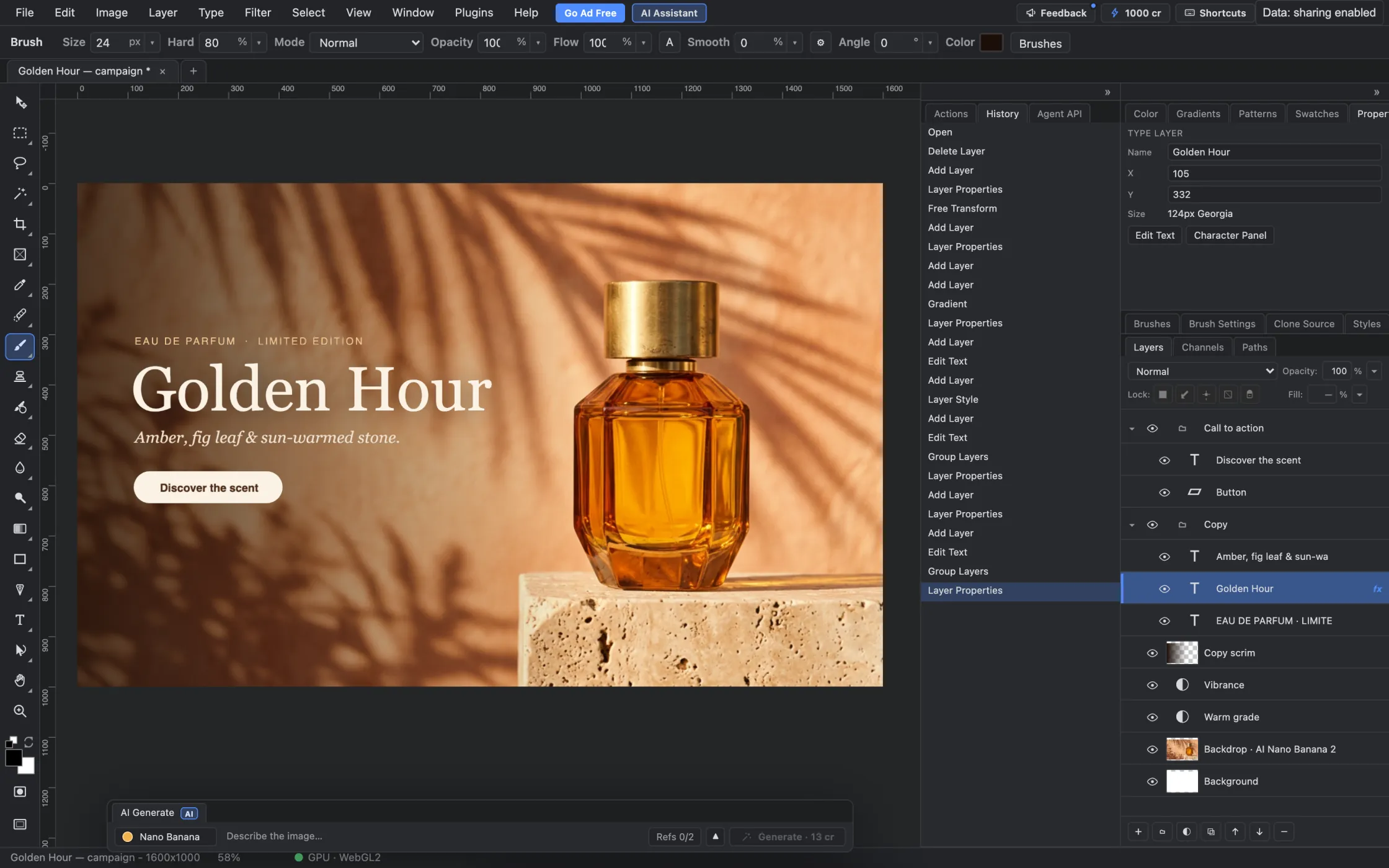 A perfume ad built step by step through PhotoFresco's agent operations: AI backdrop, adjustments, text layers with a layer style and a button, with every step listed in the History panel