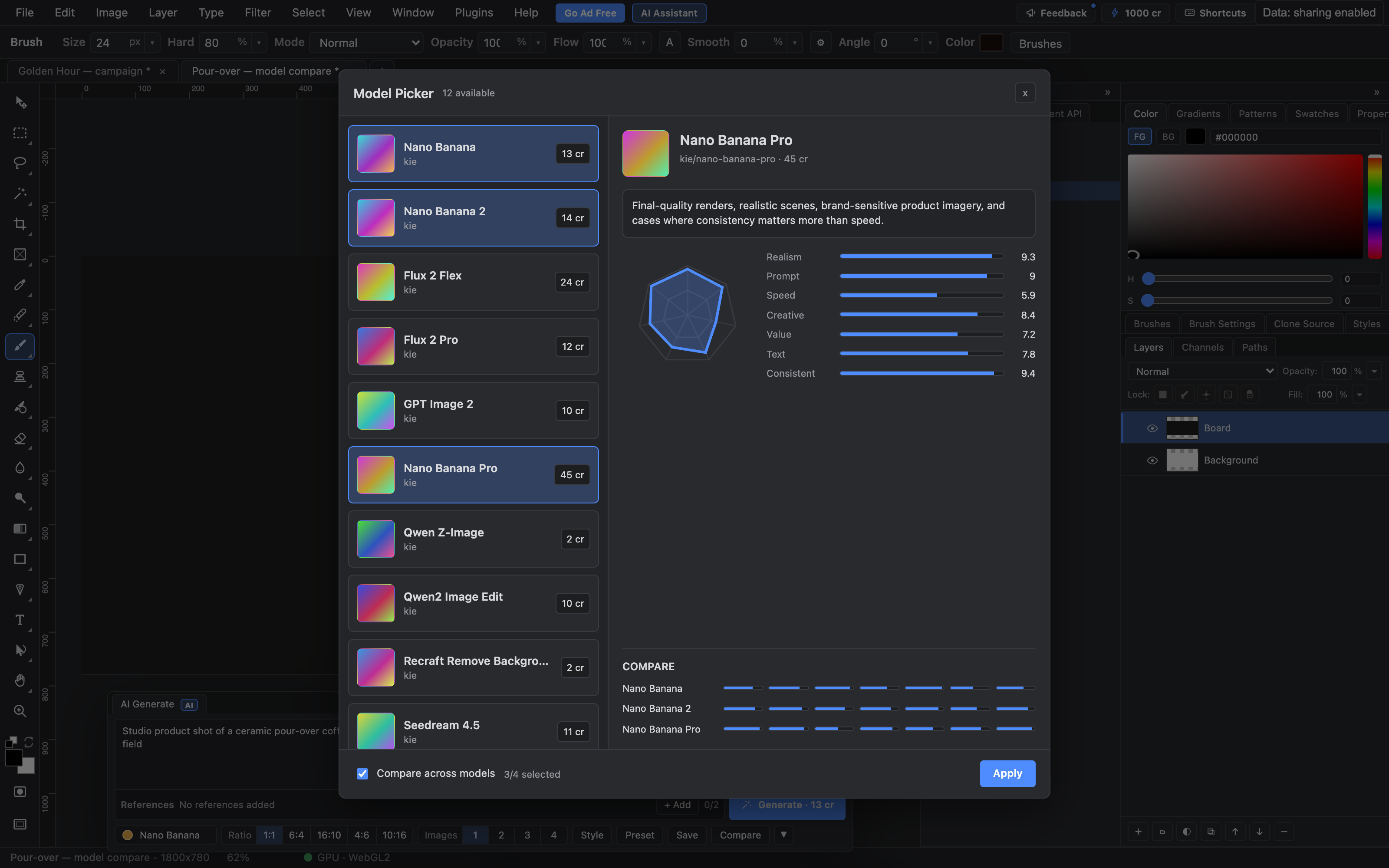 The Model Picker comparing Nano Banana, Nano Banana 2 and Nano Banana Pro, with credit costs and quality ratings for each model