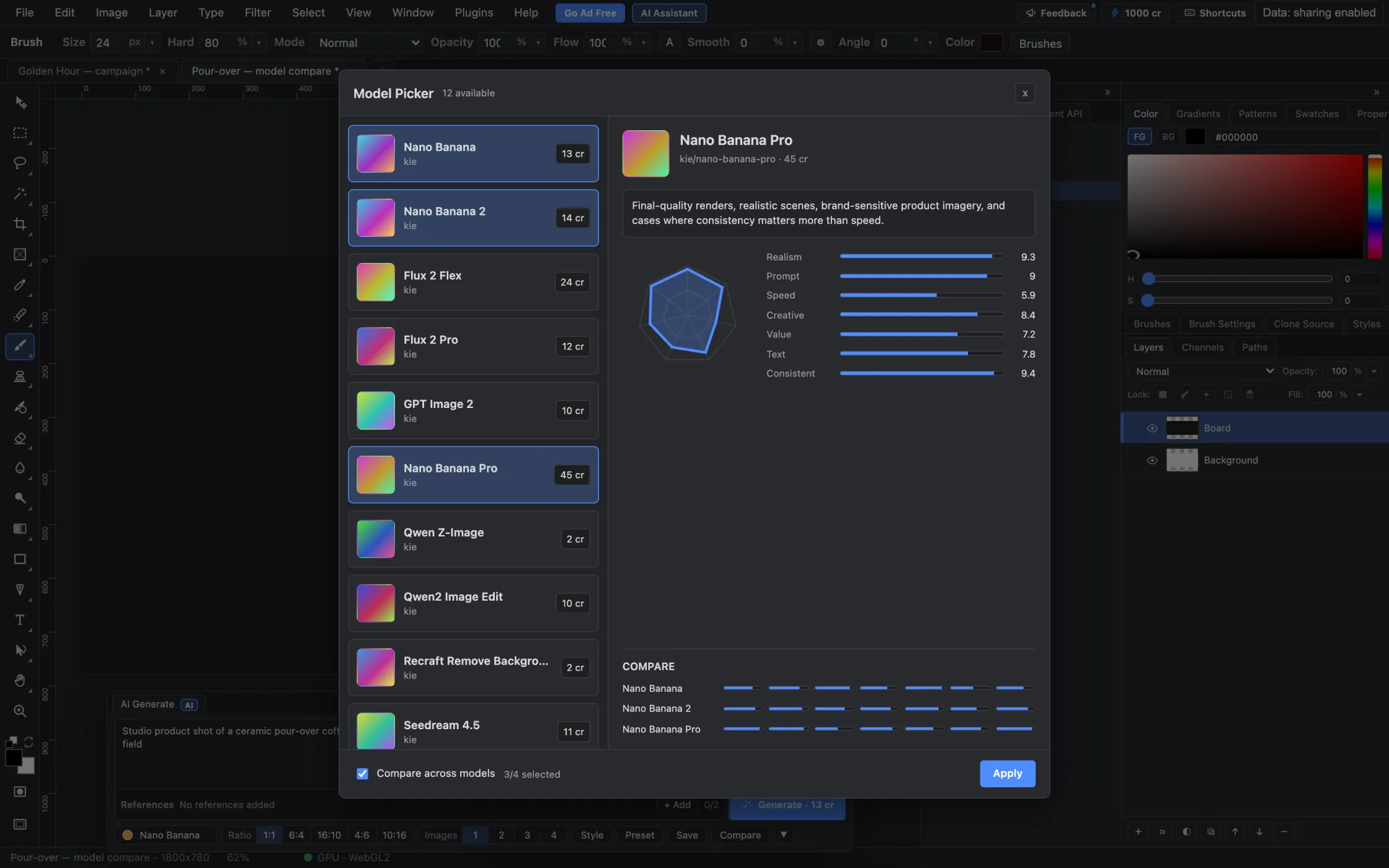 The Model Picker comparing Nano Banana, Nano Banana 2 and Nano Banana Pro, with credit costs and quality ratings for each model