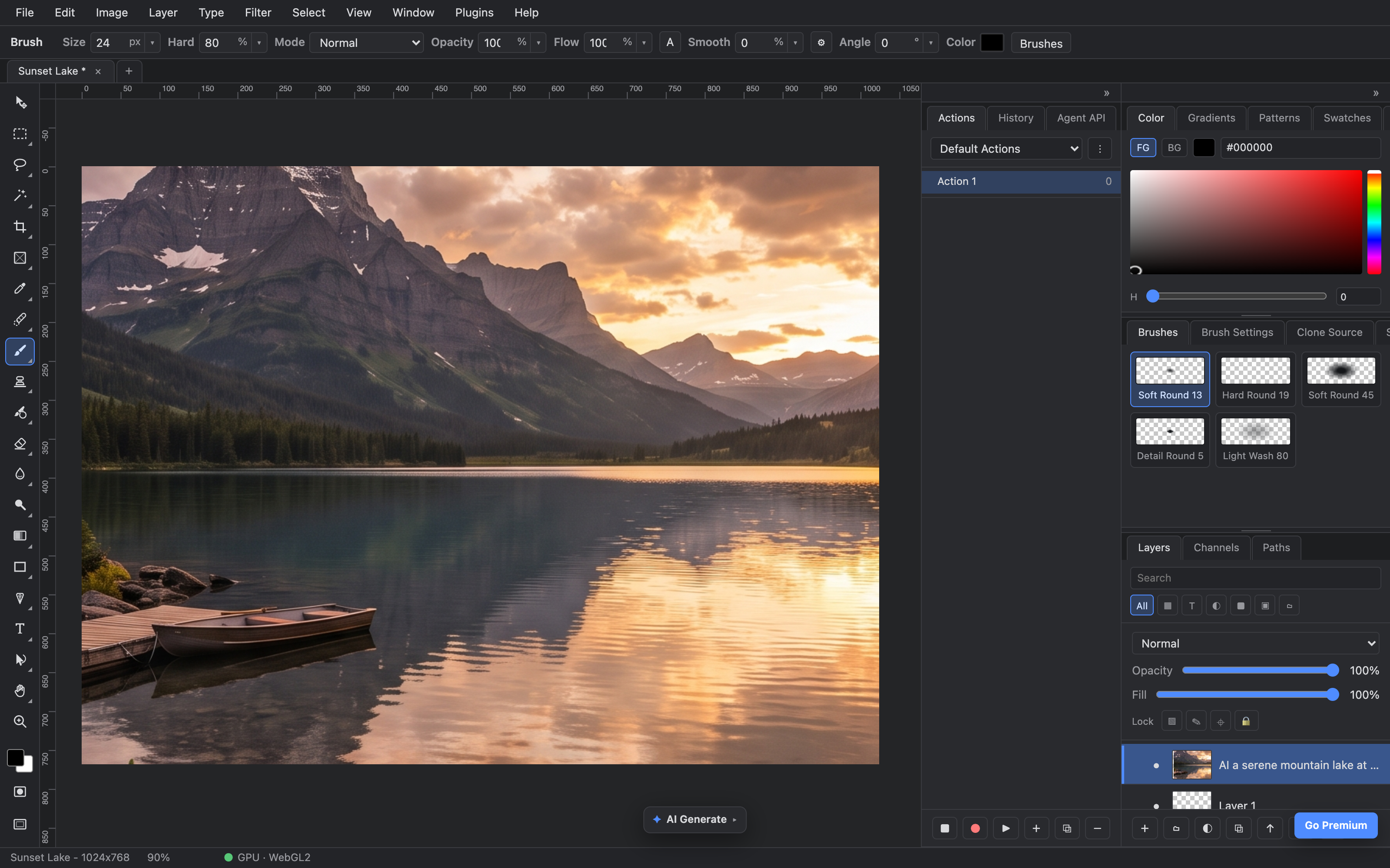 The PhotoFresco editor: an AI-generated sunset mountain lake on the canvas, with tools, brushes, color picker and the layers panel