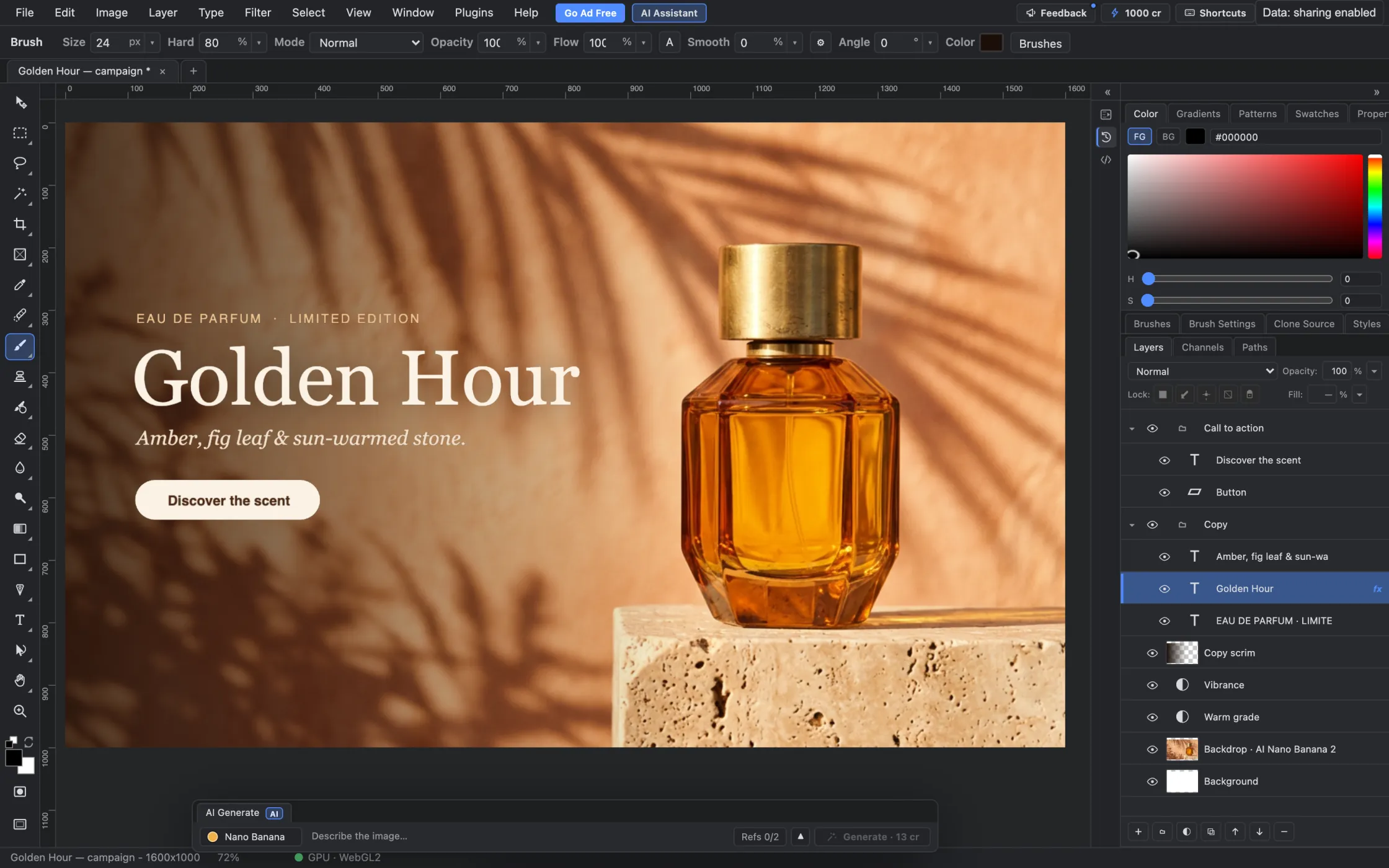 Close-up of the PhotoFresco panels: layer groups, text layers, adjustment layers, blend mode, opacity and fill controls