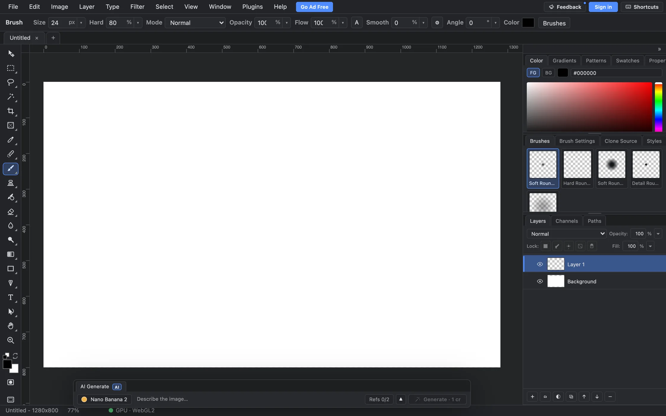The PhotoFresco editor with an empty canvas, the Brush tool selected, color, brushes and layers panels