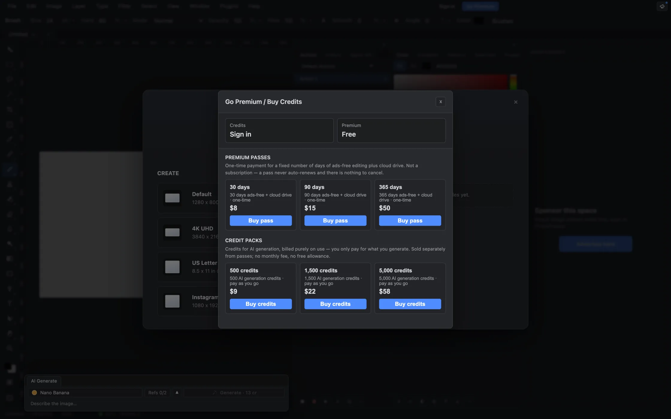 The Go Ad Free / Buy Credits dialog: the monthly ad-free subscription and credit packs for AI generation
